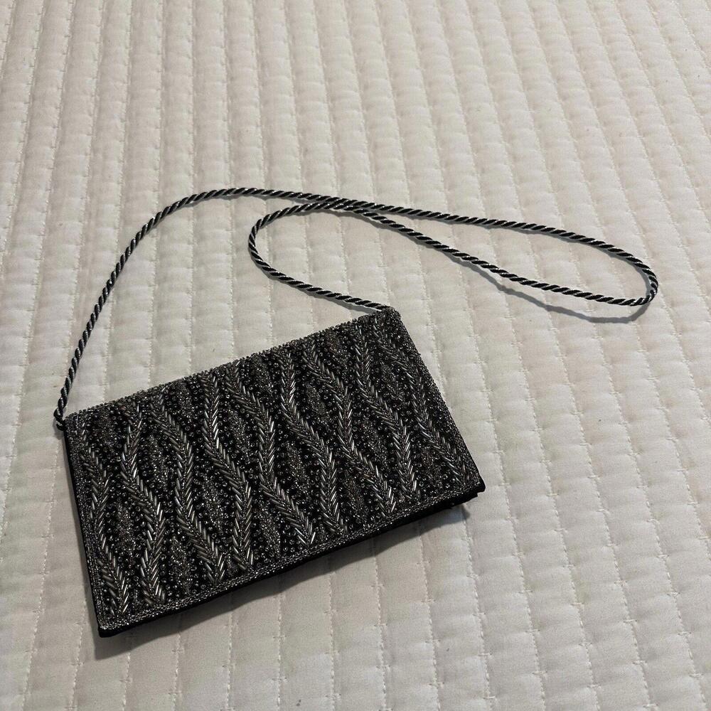 Women’s Black & Clear Beaded Bead Thin Shoulder Bag Evening Purse